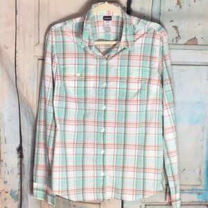 Patagonia Womans 8 Medium Cotton Blend Button Up Shirt Long Sleeve Green Orange